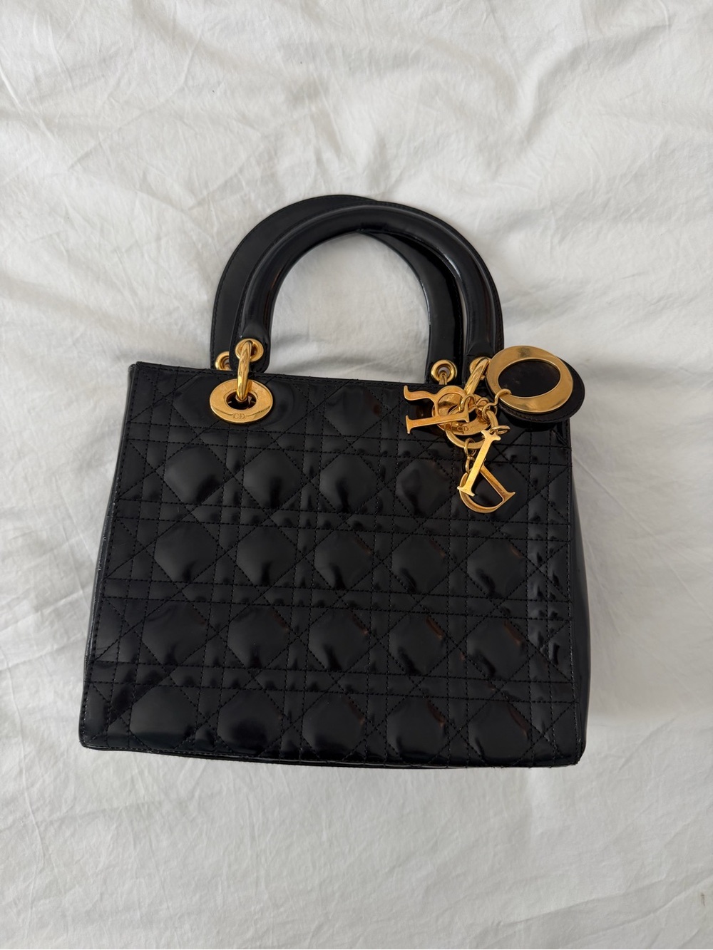 Dior Black Patent Lady Dior Satchel with Gold Hardware
